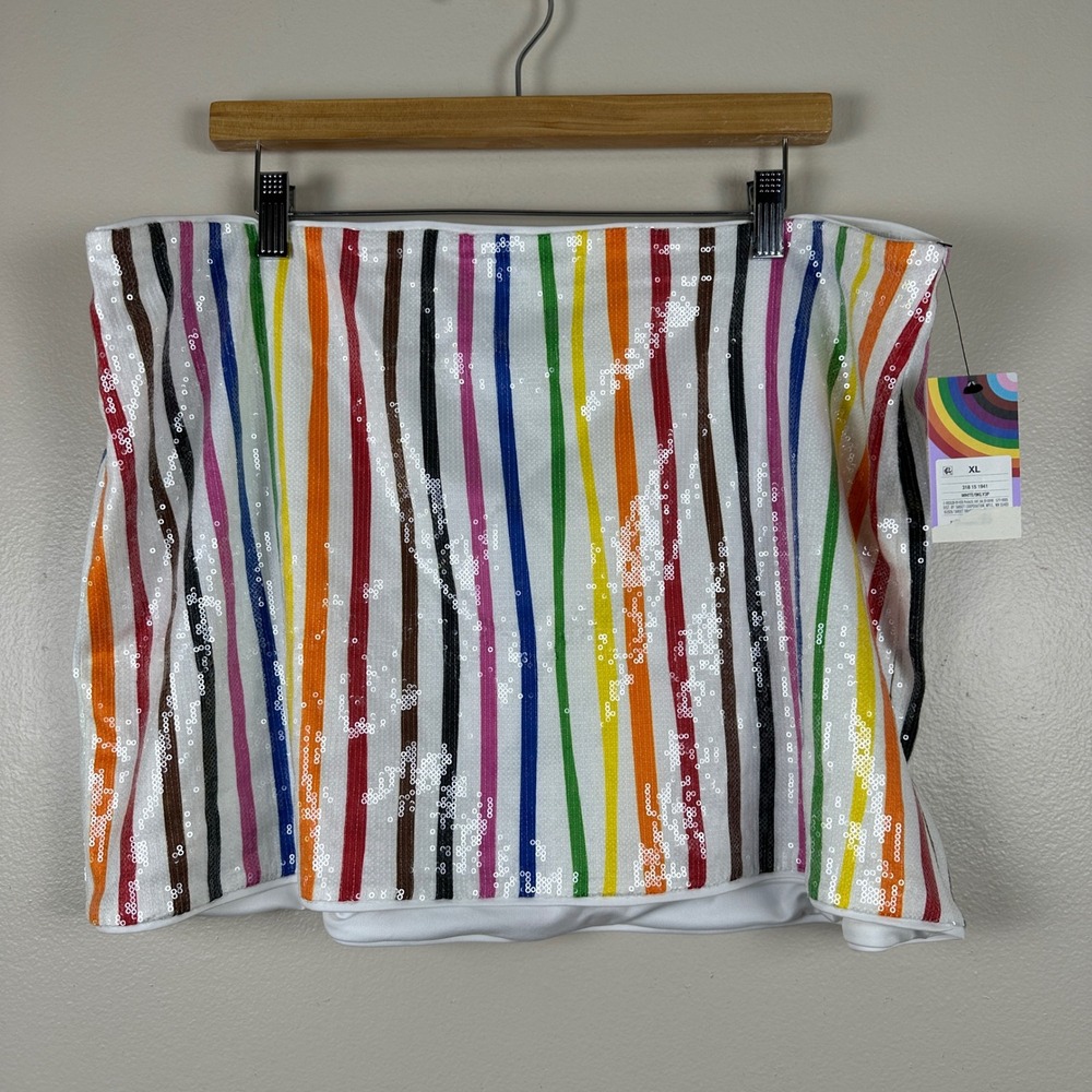 Pride Adult's XL Mini Skirt White Rainbow Striped Sequin Festival Party
